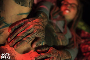 Intensely tatted dame is strapped